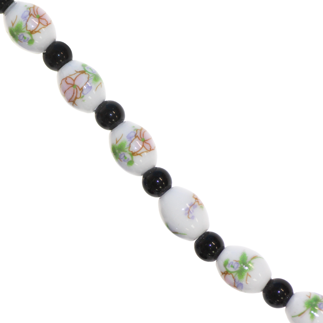 Porcelain Beads, Oval, Floral, 10mm x 8mm, White, Black Spacer, Approx 12 pcs per strand, Available in Multiple Colours