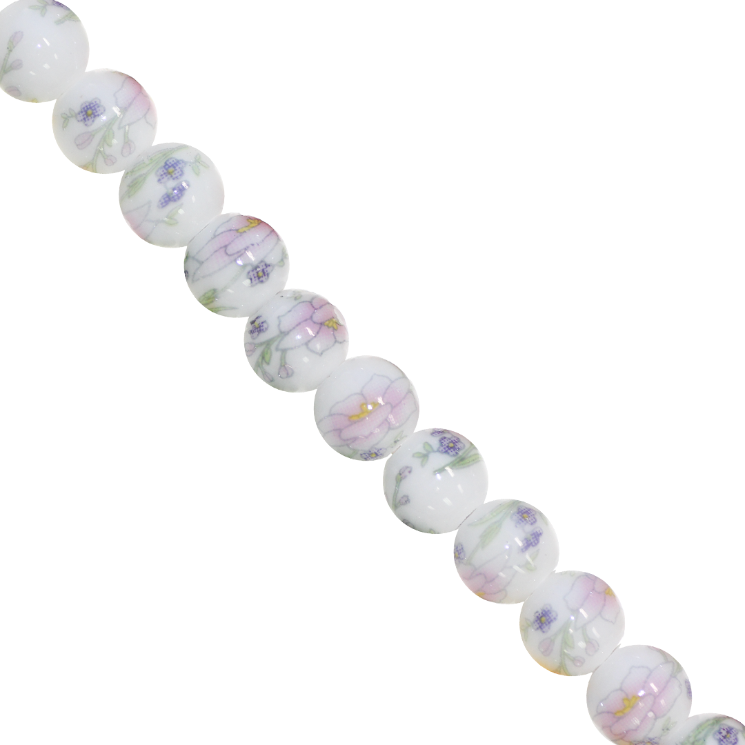 Porcelain Beads, Round, Floral, 8mm, White, Approx 30 pcs per strand, Available in Multiple Colours