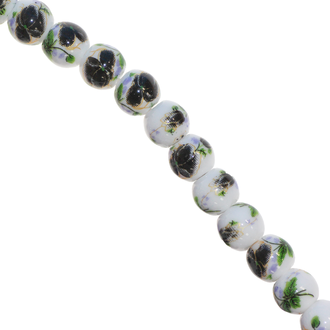 Porcelain Beads, Round, Floral, 8mm, White, Approx 30 pcs per strand, Available in Multiple Colours