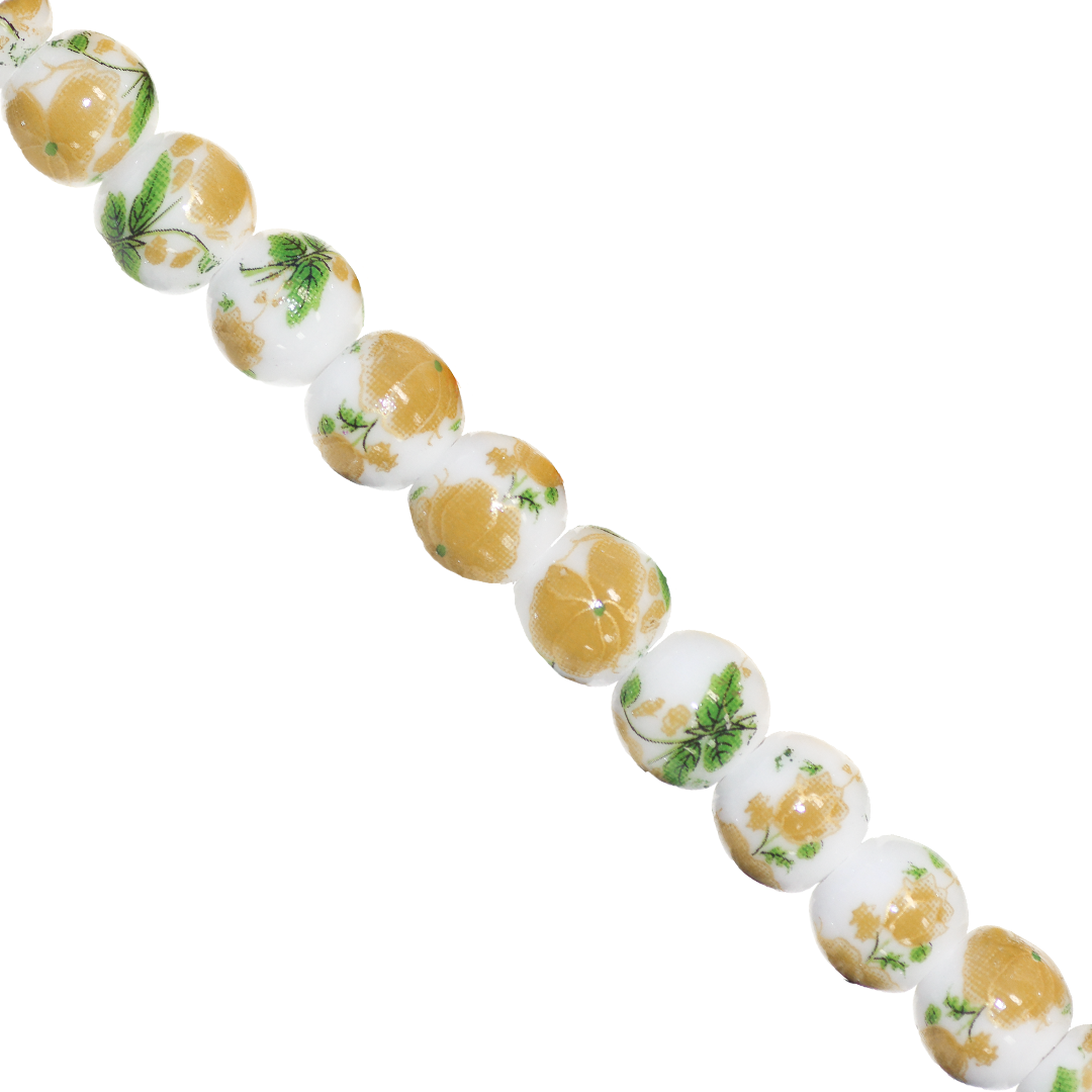 Porcelain Beads, Round, Floral, 10mm, White, Approx 22 pcs per strand, Available in Multiple Colours