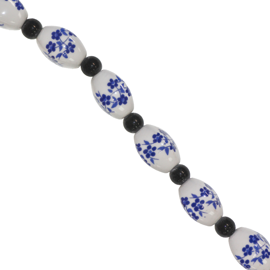 Porcelain Beads, Oval, Floral, 14mm x 9.5mm, White, Black Spacer, Approx 10 pcs per strand, Available in Multiple Colours