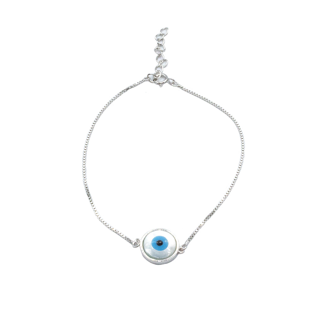 White Evil Eye Bracelet, Sterling Silver With Rhodium, 7″+1″ Extension (length) - 1 Pc